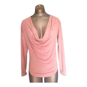 Vintage Y2K Pink Faux Seude Draped Cowl Neck Long Sleeve Blouse Small